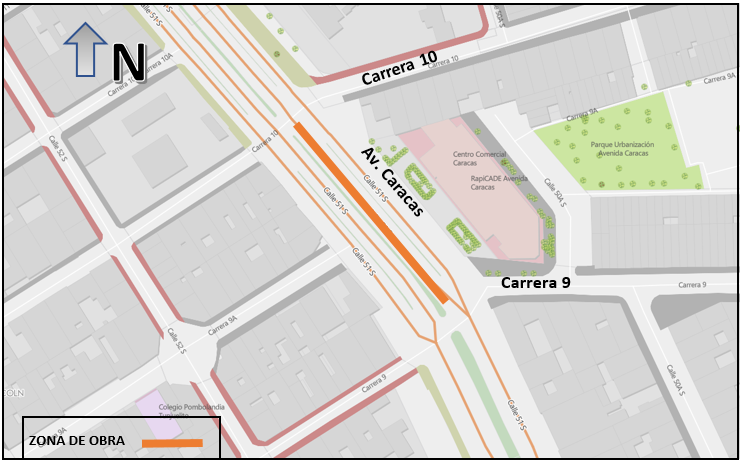 Movilidad anunció el cierre total de la calzada exclusiva de Transmilenio en la Av. Caracas, entre carreras 9 y 10, en sentido Sur - Norte.