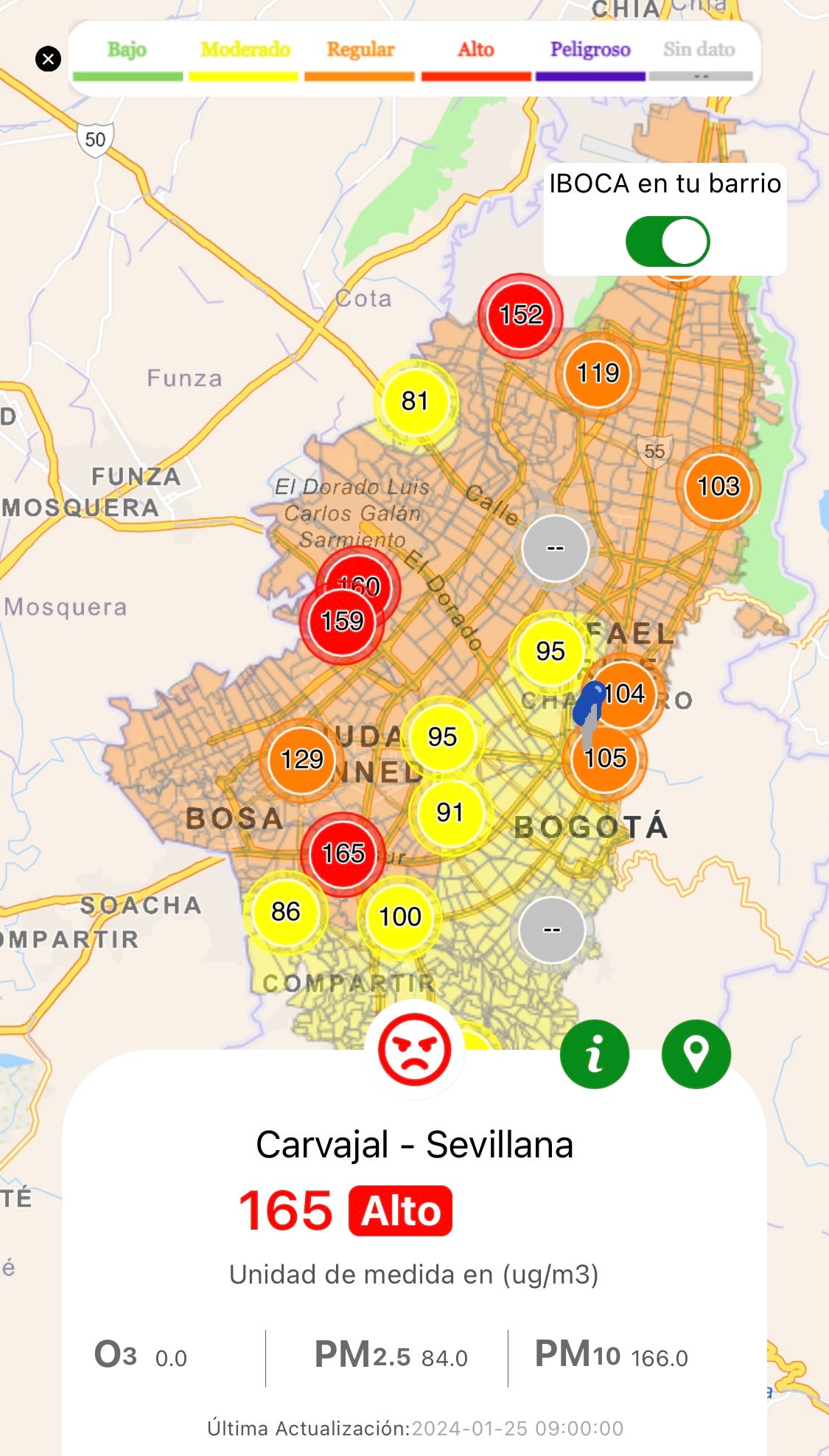 Mapa de contaminación en el aire en Bogotá