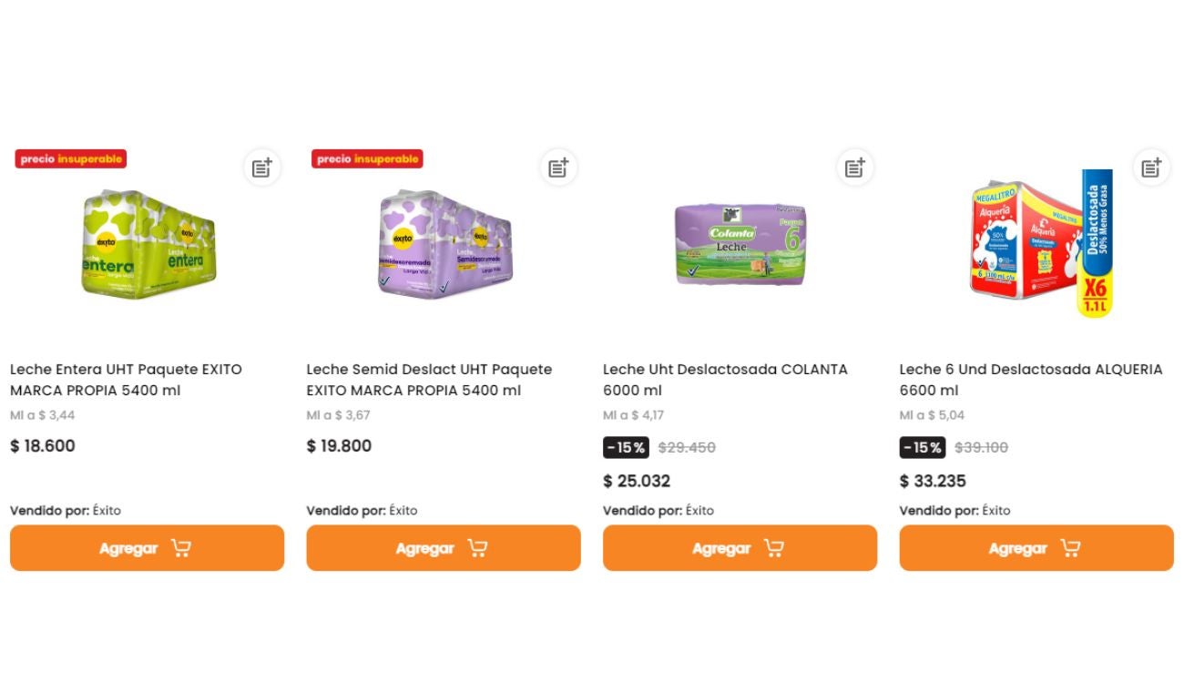 Paca de leche en el éxito