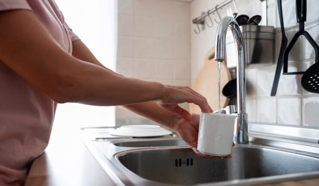 Mujer abriendo llave del lavaplatos