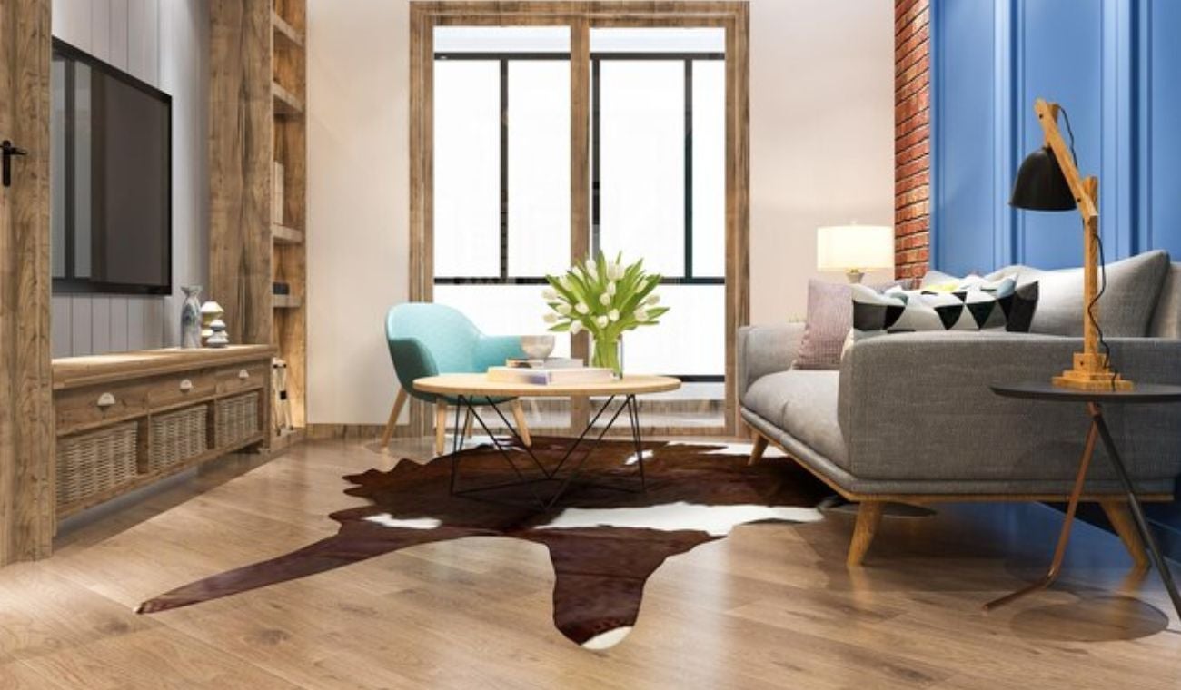 Sala de una casa decorada con tapete de cuero y estantería de madera