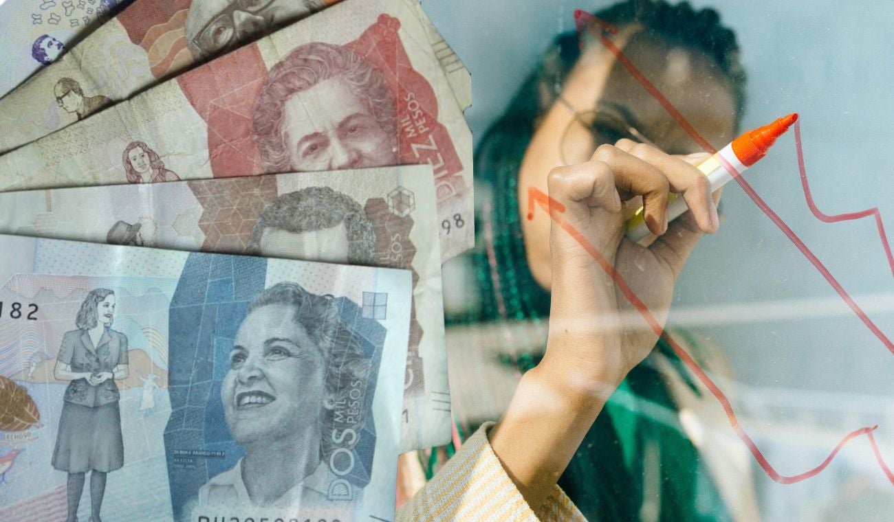 Dinero colombiano, mujer haciendo estadísticas de inversión