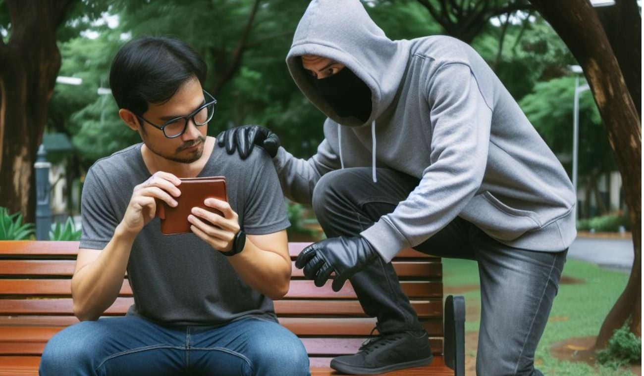 Hombre robando billetera a otro hombre en un parque