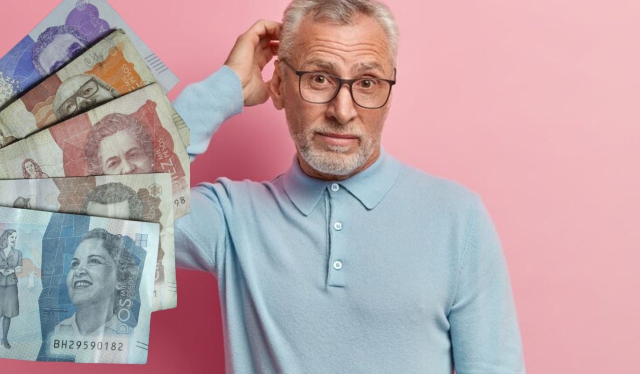 Hombre mayor preocupado, junto a dinero colombiano