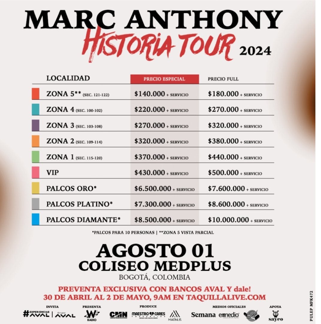 Marc Anthony, precio de las boletas