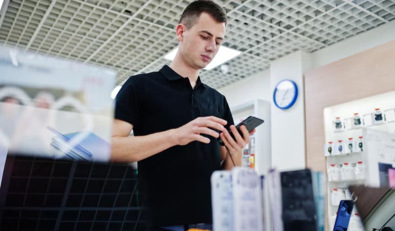 hombre en una tienda de tecnología