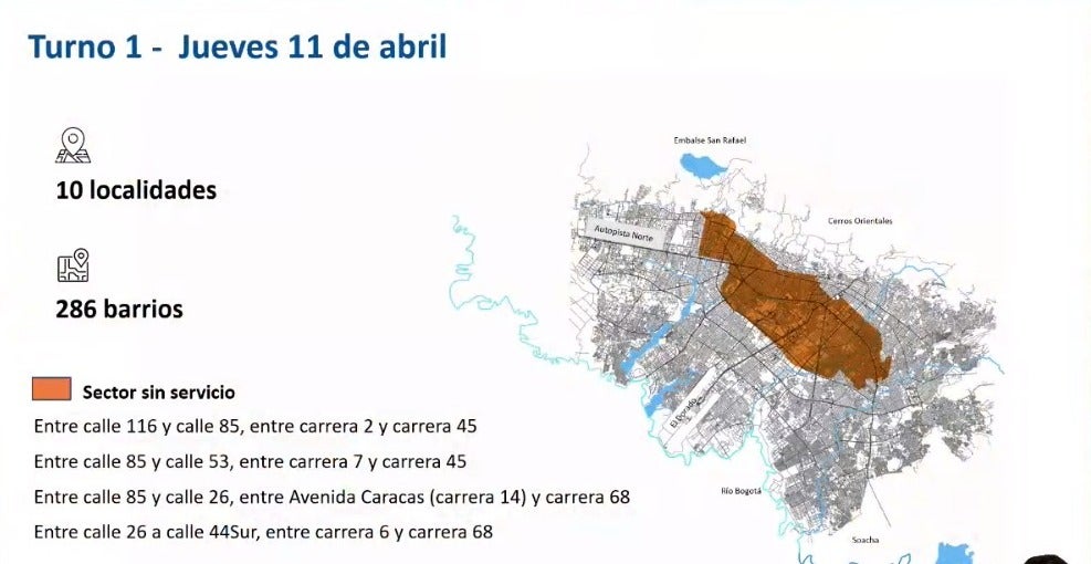 Mapa turno 1 racionamiento de agua en Bogotá