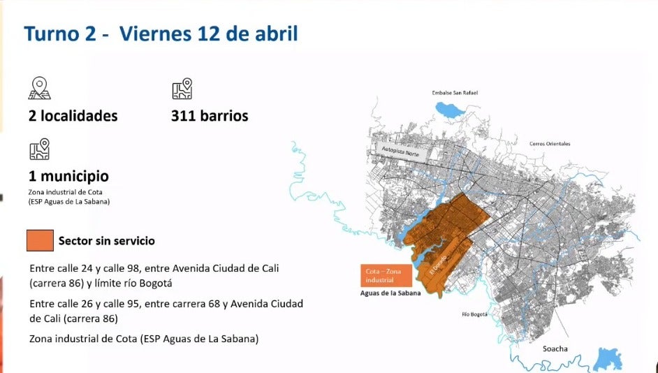 Mapa turno 2 racionamiento de agua en Bogotá