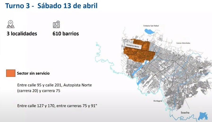 Mapa turno 3 racionamiento de agua en Bogotá