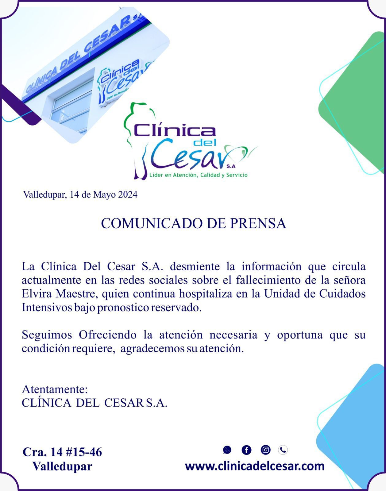 comunicado Clínica Valledupar