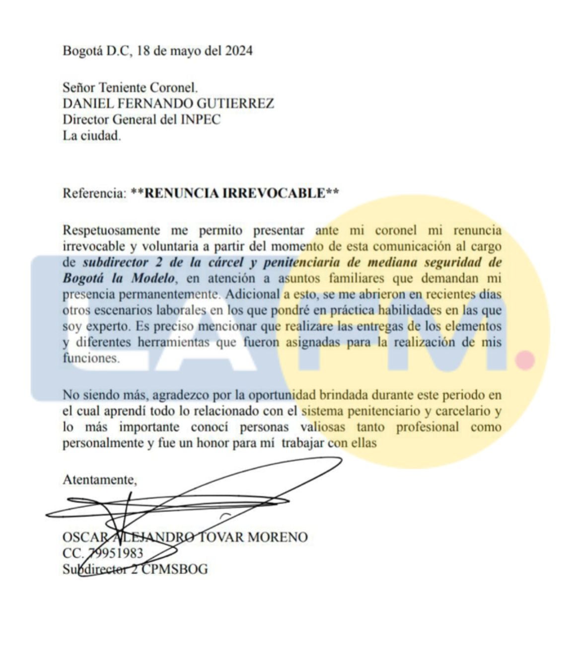 Renuncia subdirector de la cárcel La Modelo de Bogotá