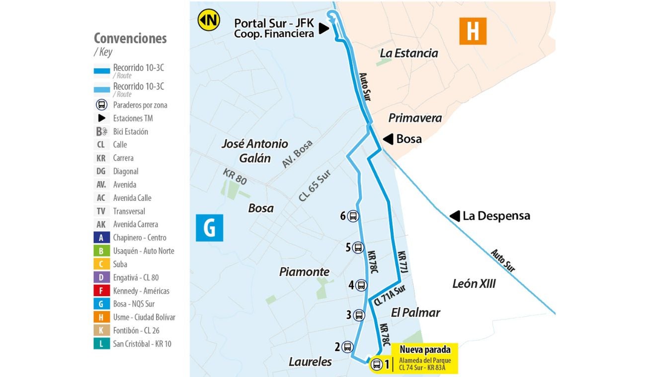 Mapa de nueva parada de ruta alimentador 10-3C