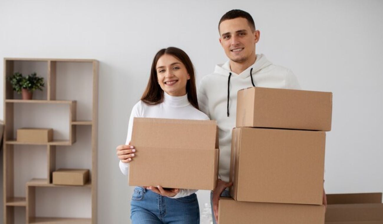 Una pareja cargando cajas de trasteo