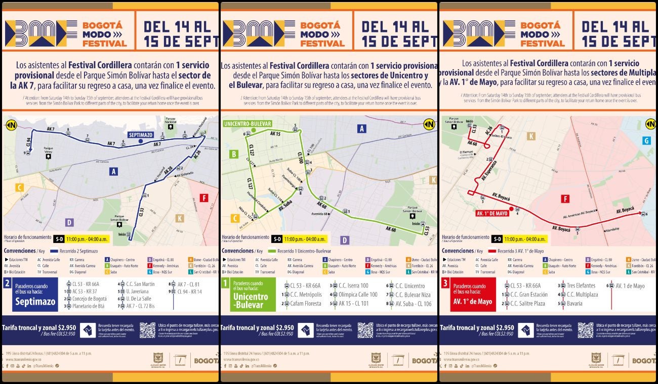 Rutas de Transmilenio para el Festival Cordillera