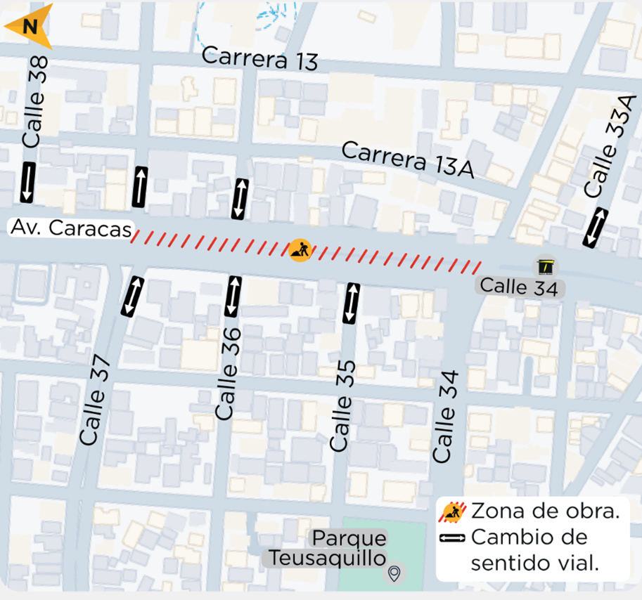 Vías que tendrán cambio de sentido por las obras en la av. Caracas entre calles 34 y 37.
