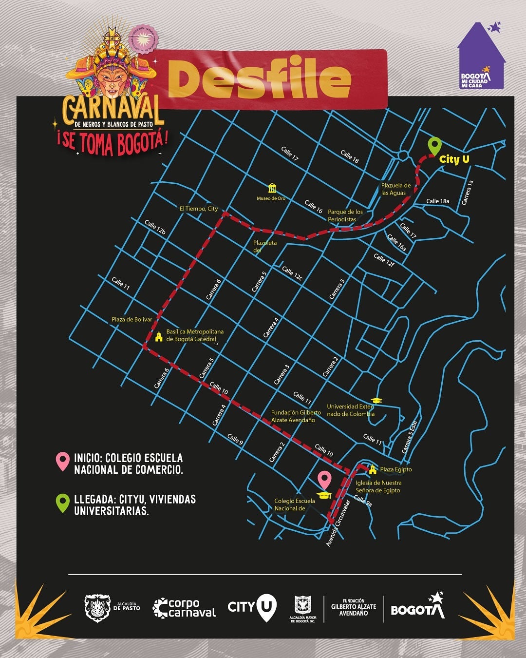 Recorrido desfile Carnaval de Negros y Blancos en Bogotá