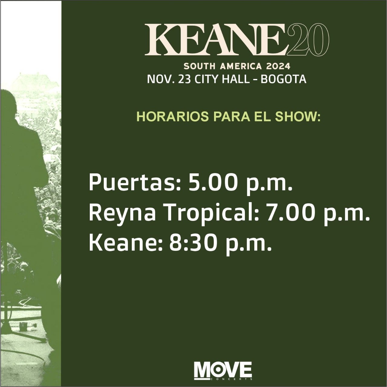 Horarios de apertura al show de Keane.