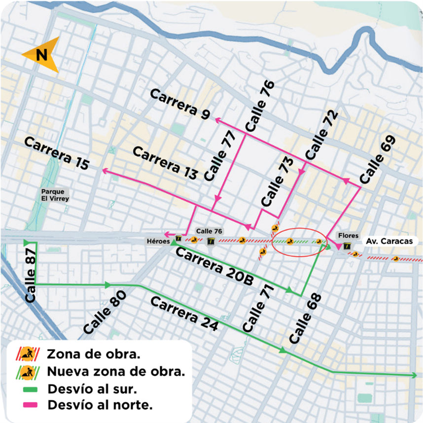 Desvíos hacia el sur y hacia el norte por las obras en la av. Caracas entre calles 69 y calle 72a