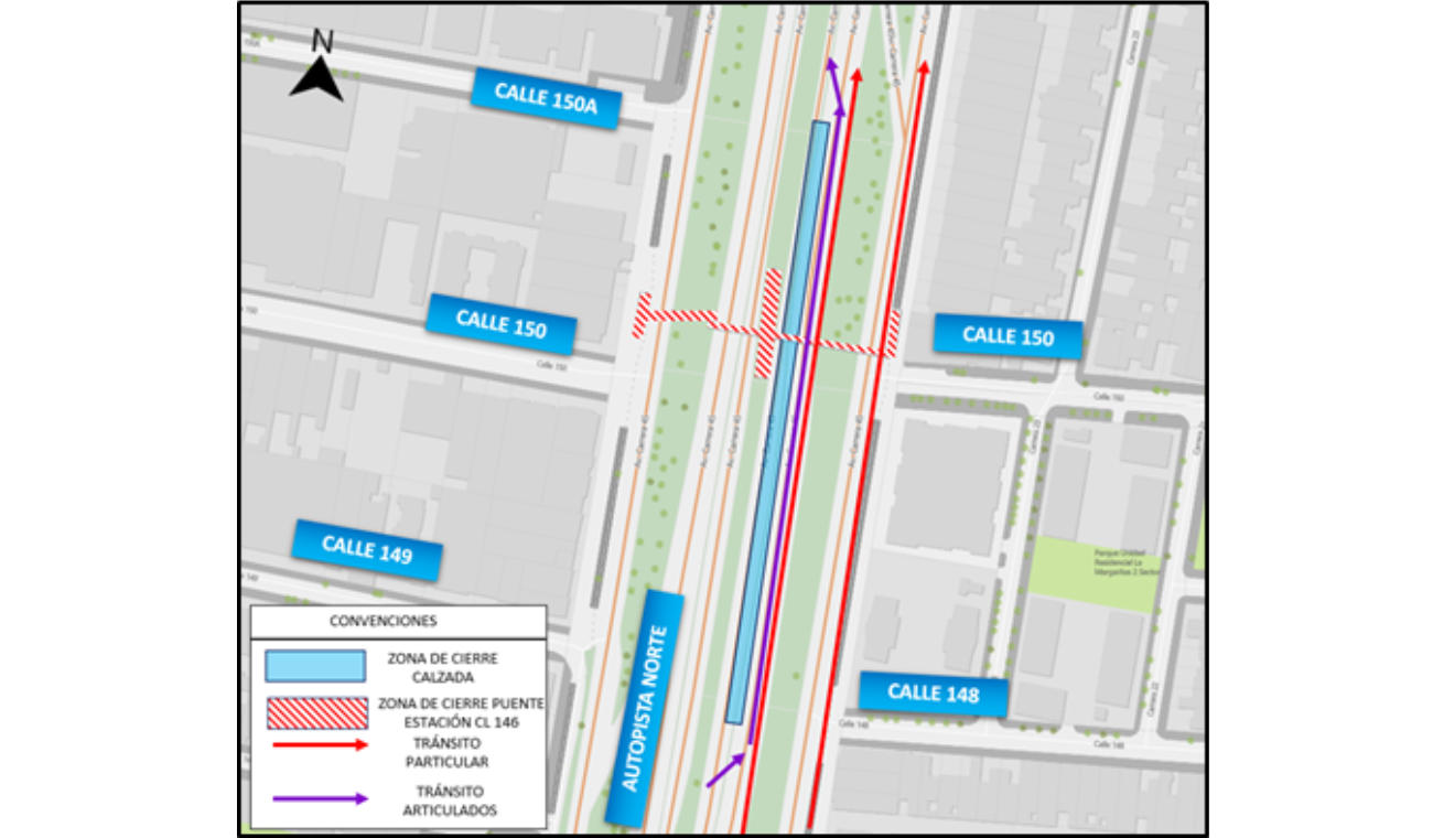 Mapa 2. Tránsito particular y de articulados autopista Norte entre calles 148 y 150A