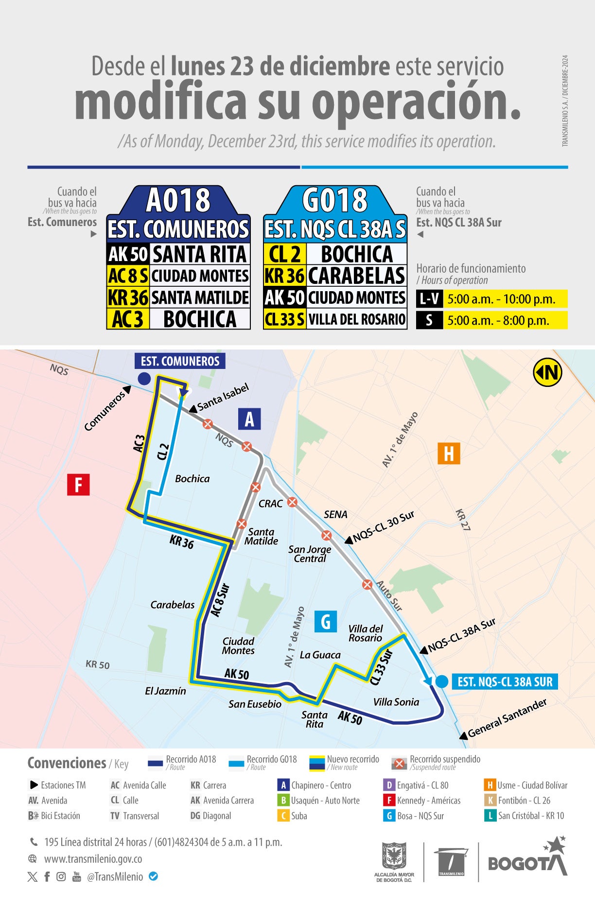 Servicio TransMiZonal A018 - G018 modifica su operación