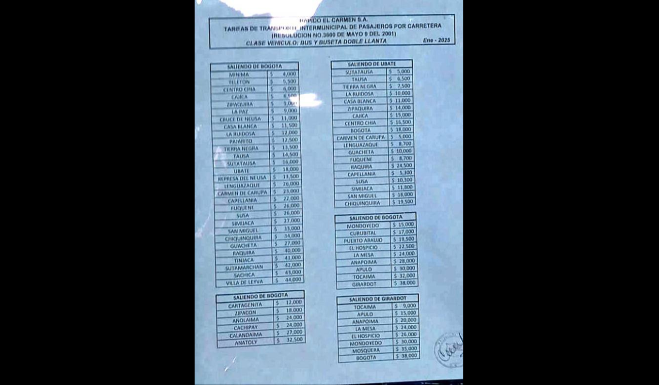 Tarifas de transporte intermunicipal de pasajeros por carretera