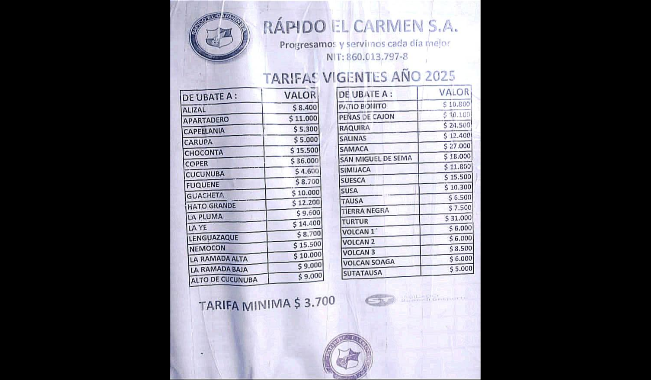 Tarifas de transporte intermunicipal de pasajeros por carretera desde Ubaté