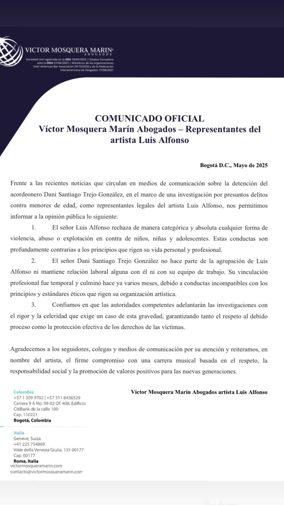Comunicado emitido por Luis Alfonso