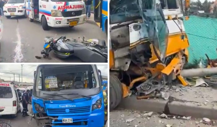 Accidente entre SIPT, motociclista y camión que se estrelló contra un poste