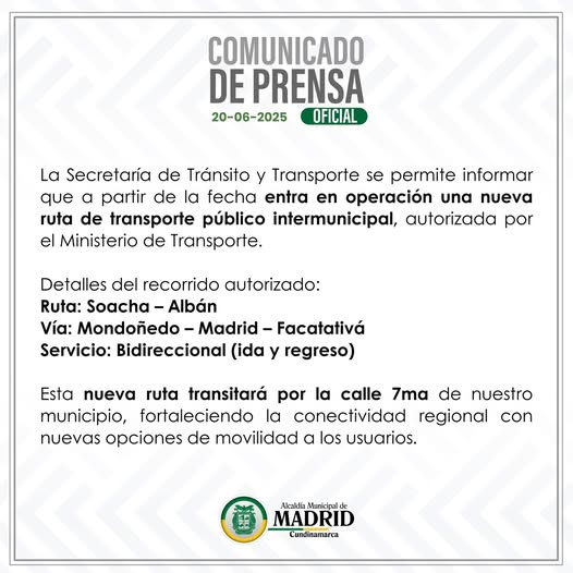 Madrid estrena ruta: conectará Soacha y Facatativá en menos tiempo