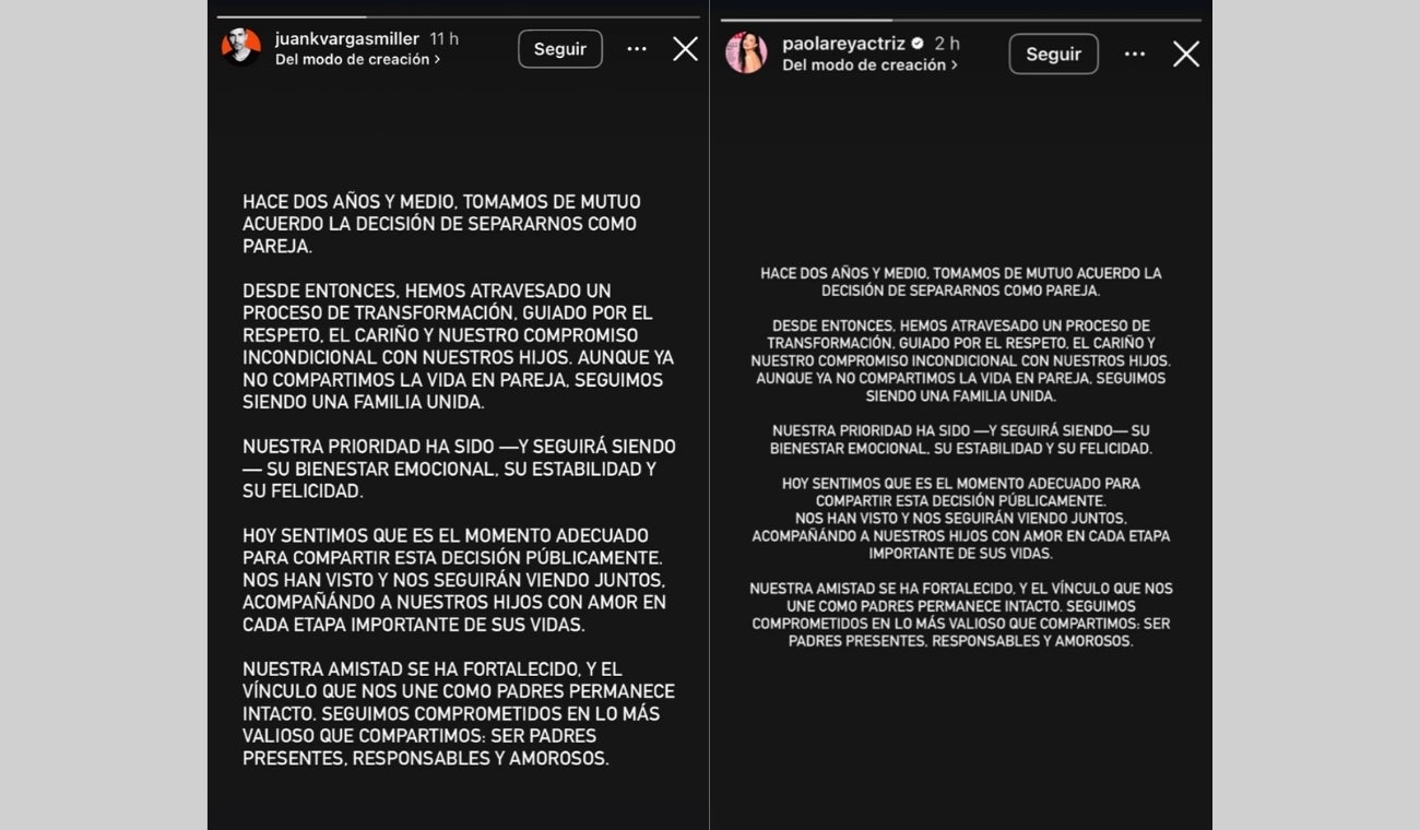 Capturas de pantalla de IG de Paola Rey y Juan Carlos Vargas