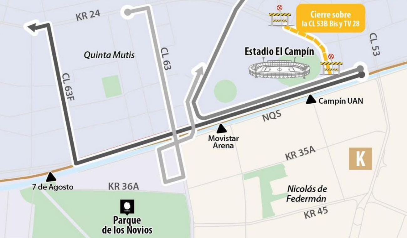 Cierres y desvíos por partido en El Campín complican la movilidad en Bogotá