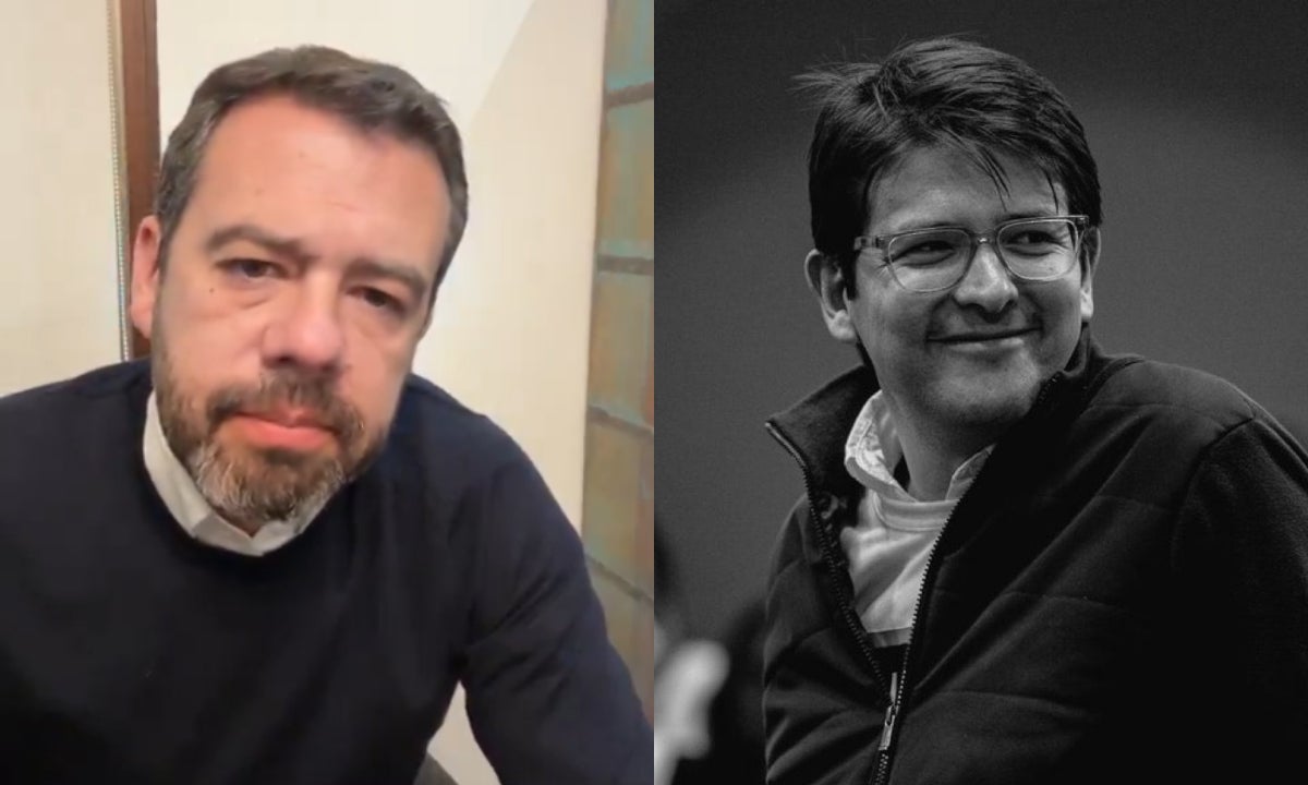 Mosaico con una captura de pantalla de un video publicado por el alcalde de Bogotá, Carlos Fernando Galán, y con una imagen a blanco y negro del senador Miguel Uribe Turbay.