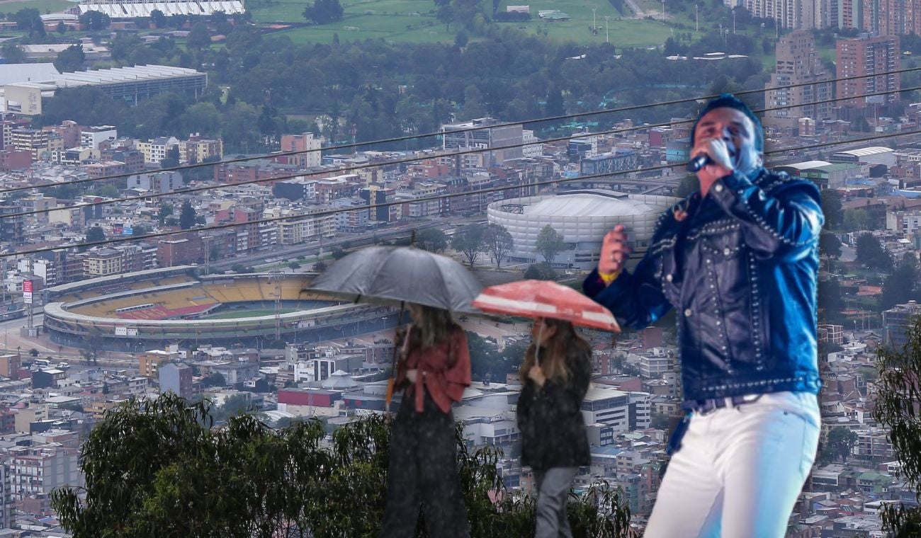 Estadio El Campín, personas con sombrilla y Silvestre Dangond