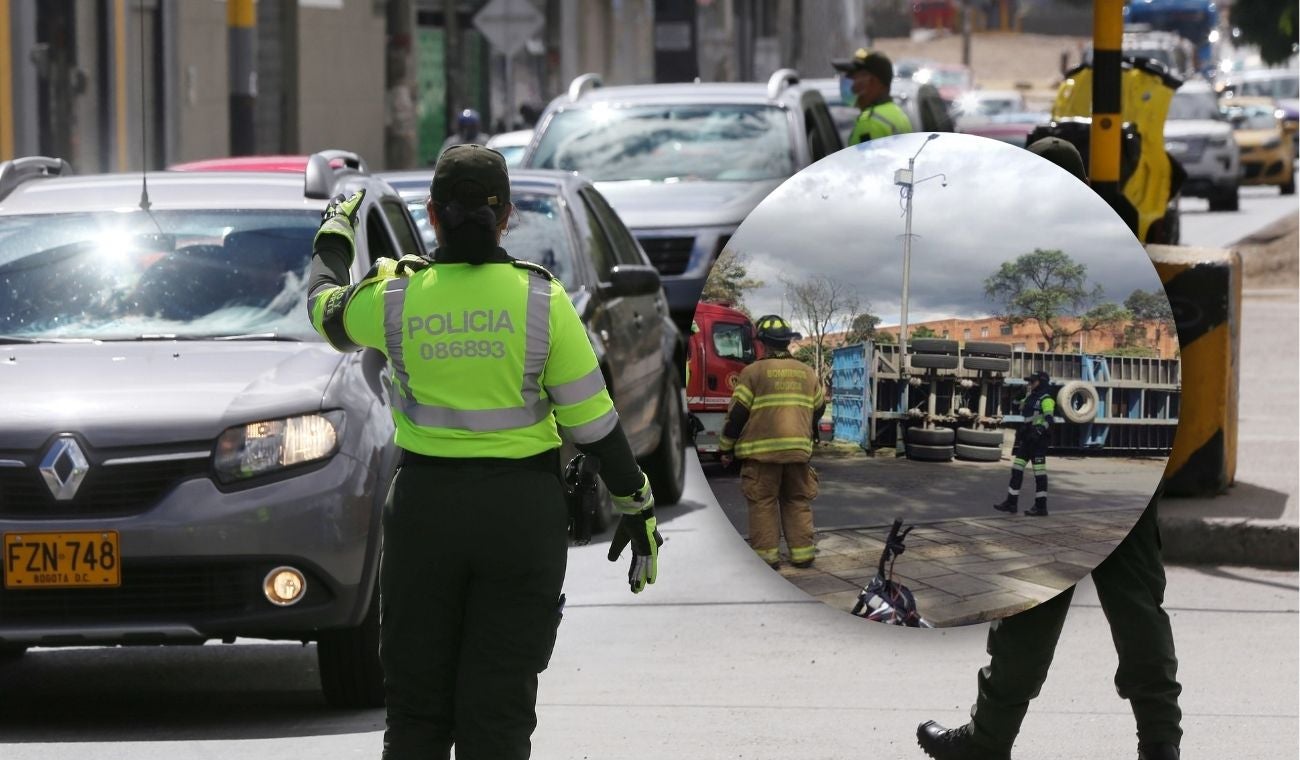 Tractocamión volcado en Bogotá