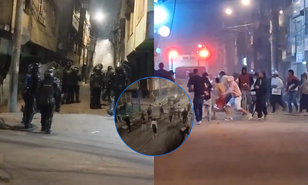 Capturas de pantalla de diferentes videos que muestran un enfrentamiento entre encapuchados y la Undmo en Bilbao, Suba.