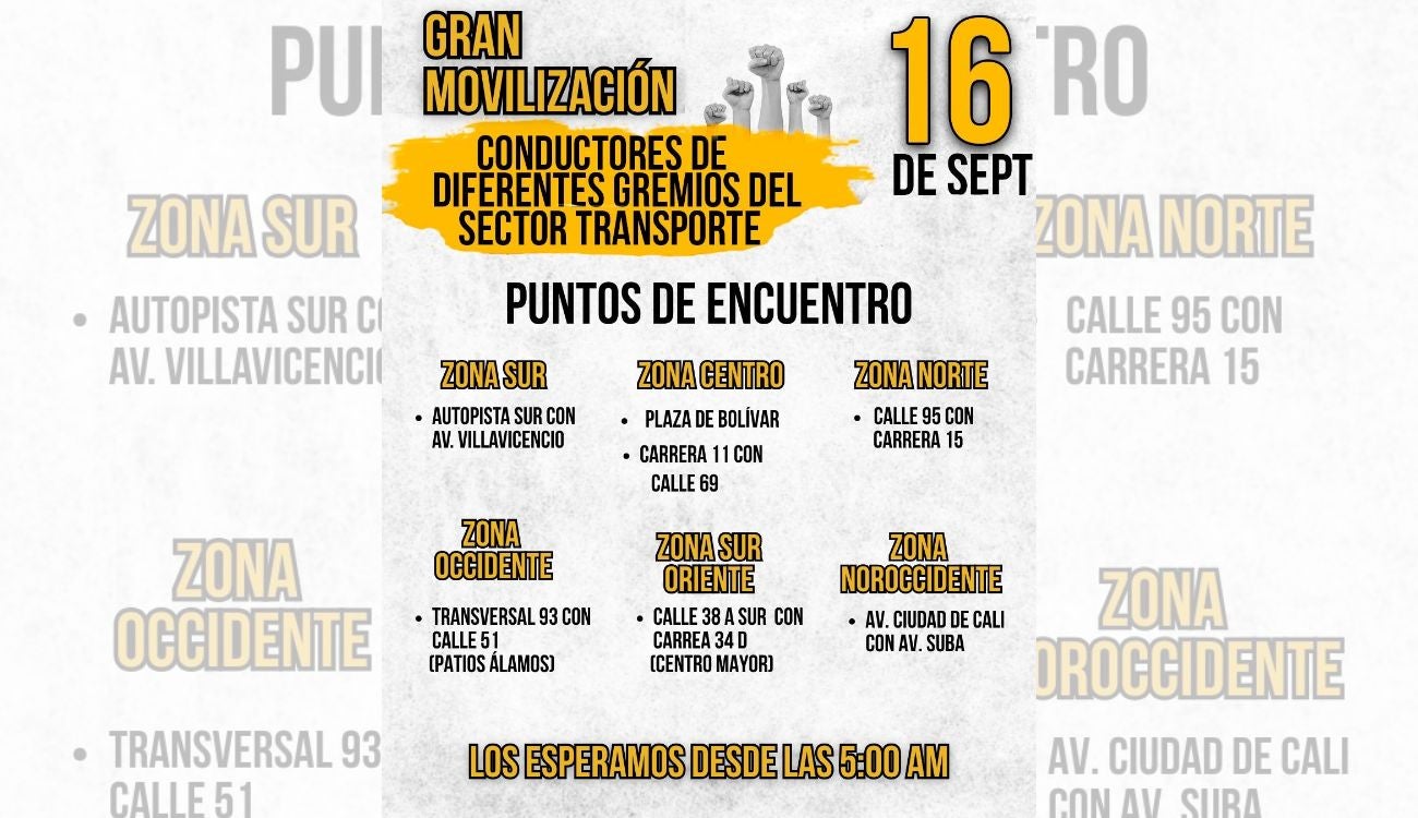 Paro del 16 de septiembre: puntos de concentración que paralizarán a Bogotá