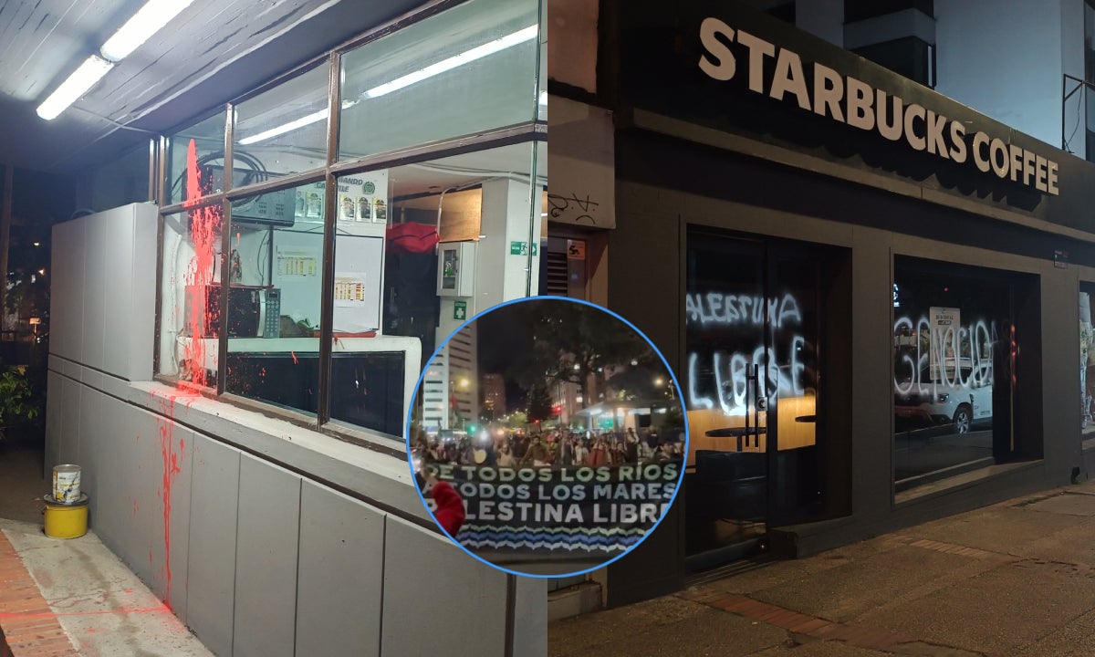 Combo de imágenes de un CAI de la Policía, un local comercial y las protestas por Palestina, en la calle 72 de Bogotá