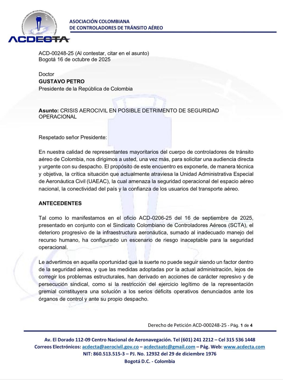 Carta Acdecta, Petro, Aerocivil
