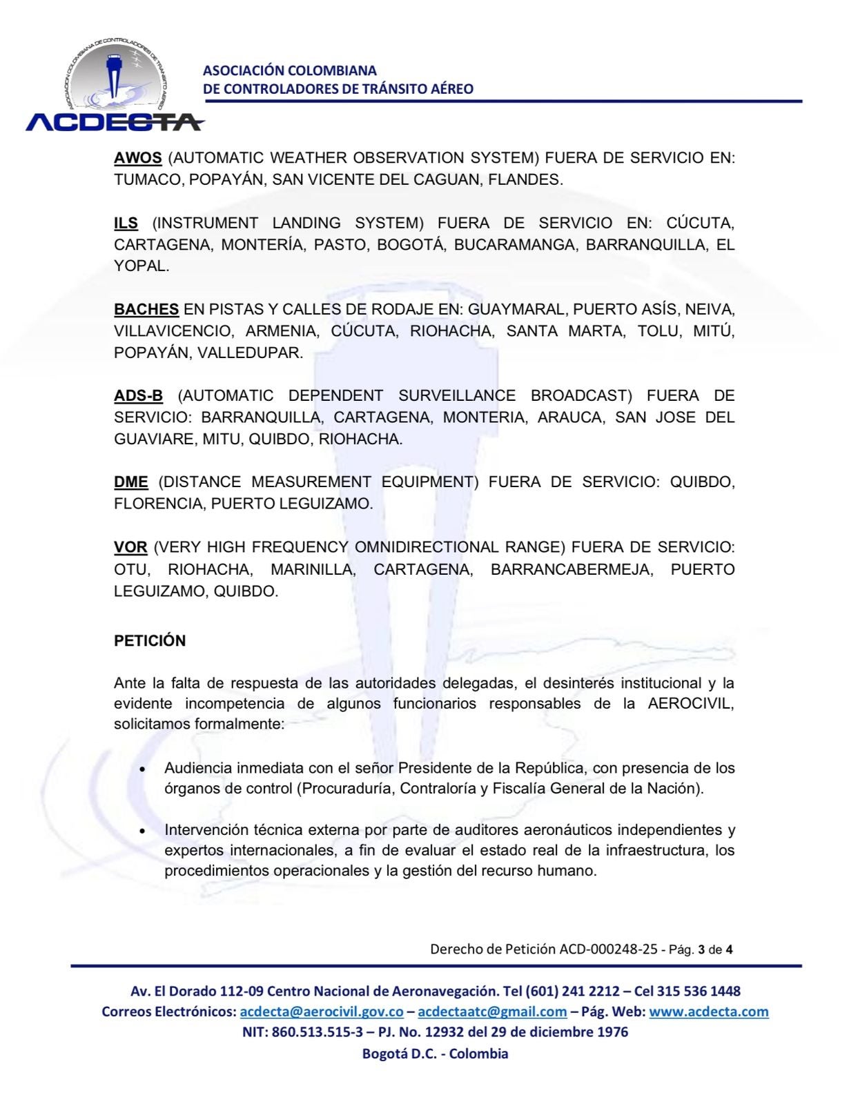 Carta Acdecta, Petro, Aerocivil