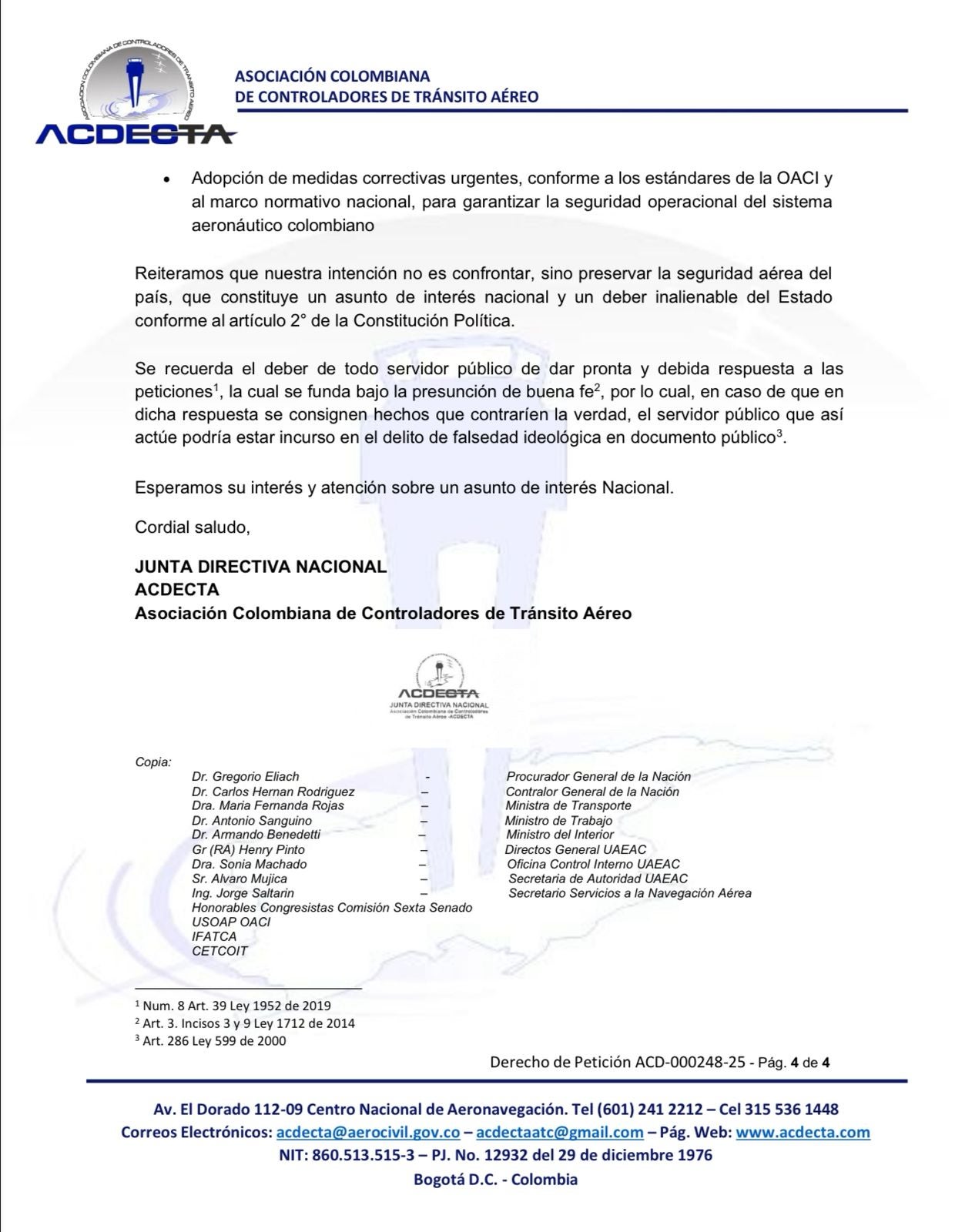 Carta Acdecta, Petro, Aerocivil