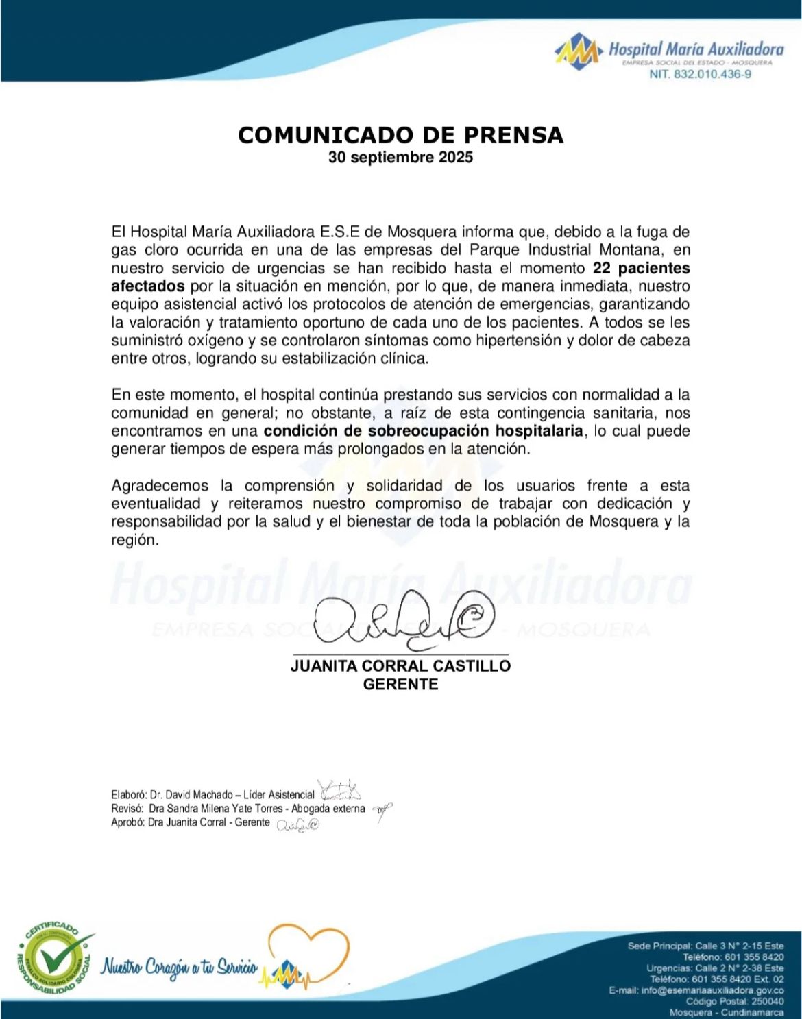 Hospital María Auxiliadora reporta sobreocupación tras emergencia por fuga de gas cloro