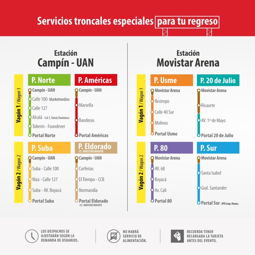 Servicios troncales de TransMilenio para regresar a casa el concierto de Dua Lipa