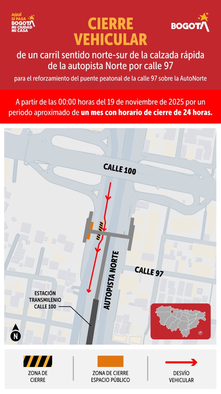 Autopista Norte tendrá cierre de un carril durante un mes por obras