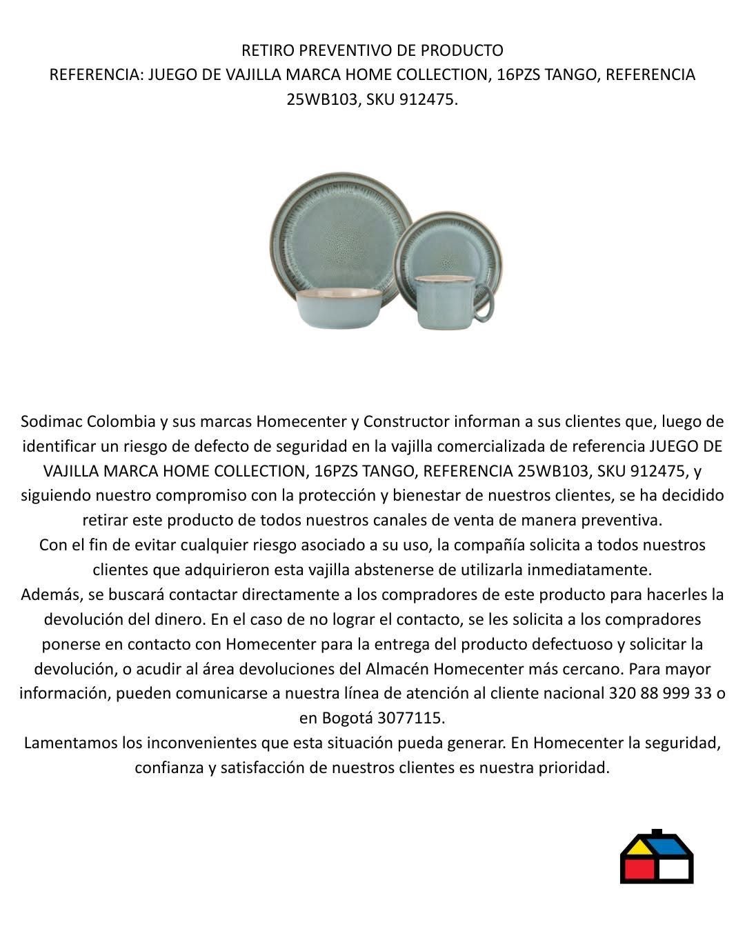 Vajilla retirada del mercado por Homecenter