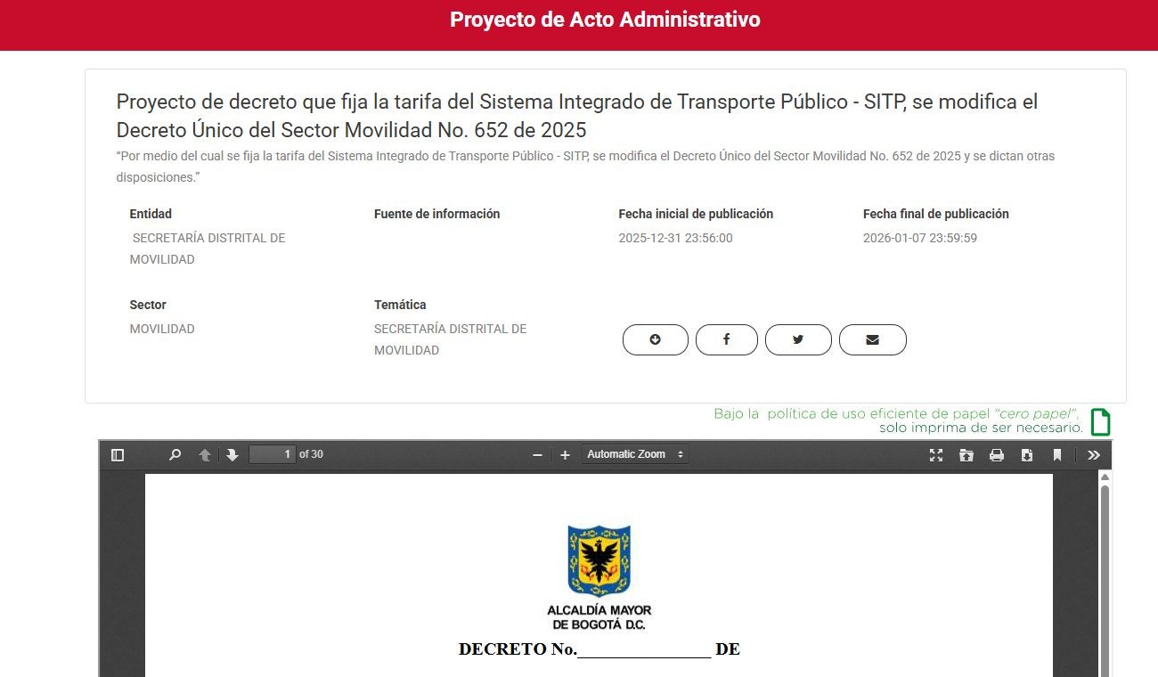 Publicación del borrador de decreto que sube el pasaje de TransMilenio