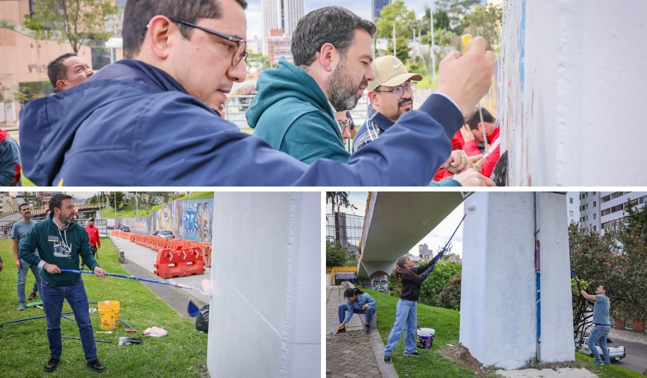 Galán se las dio de artista y lideró jornada de pintura en puentes de Bogotá