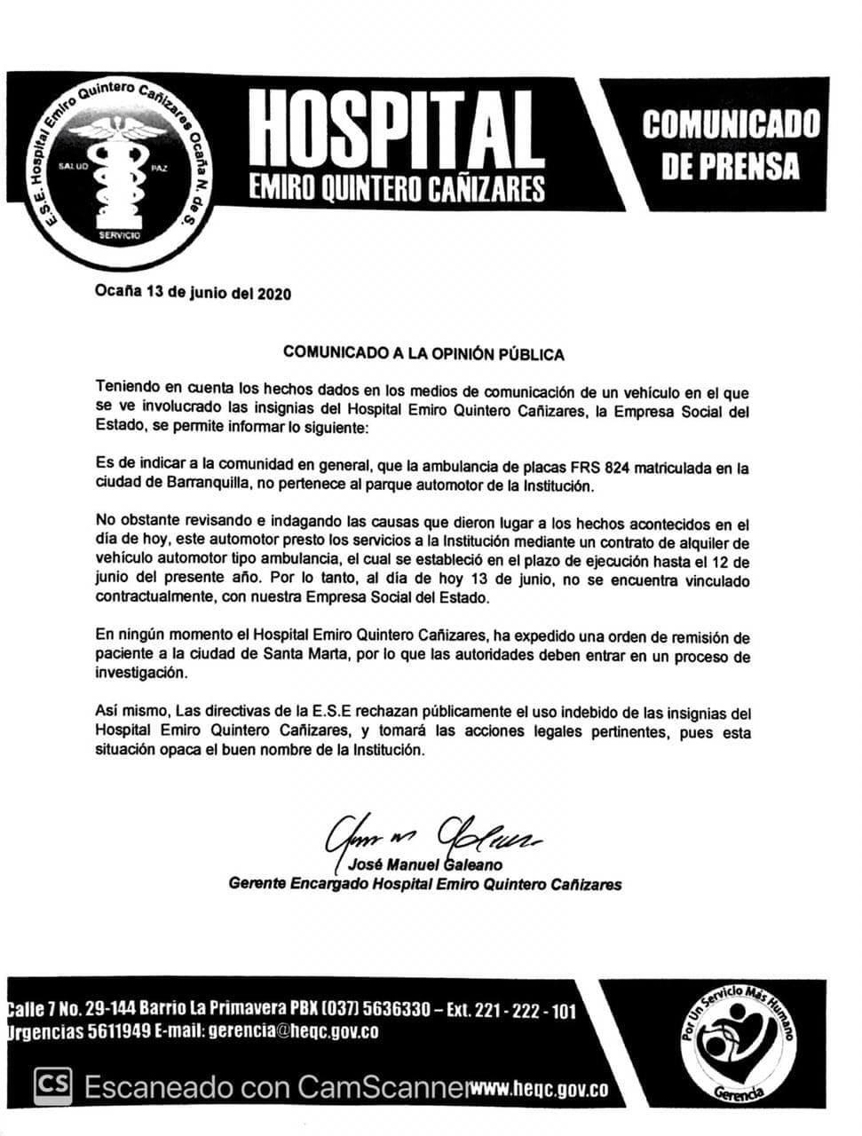 El Centro asistencial negó cualquier traslado a Santa Marta y aseguró que ya el vehiculo no tenía contrato