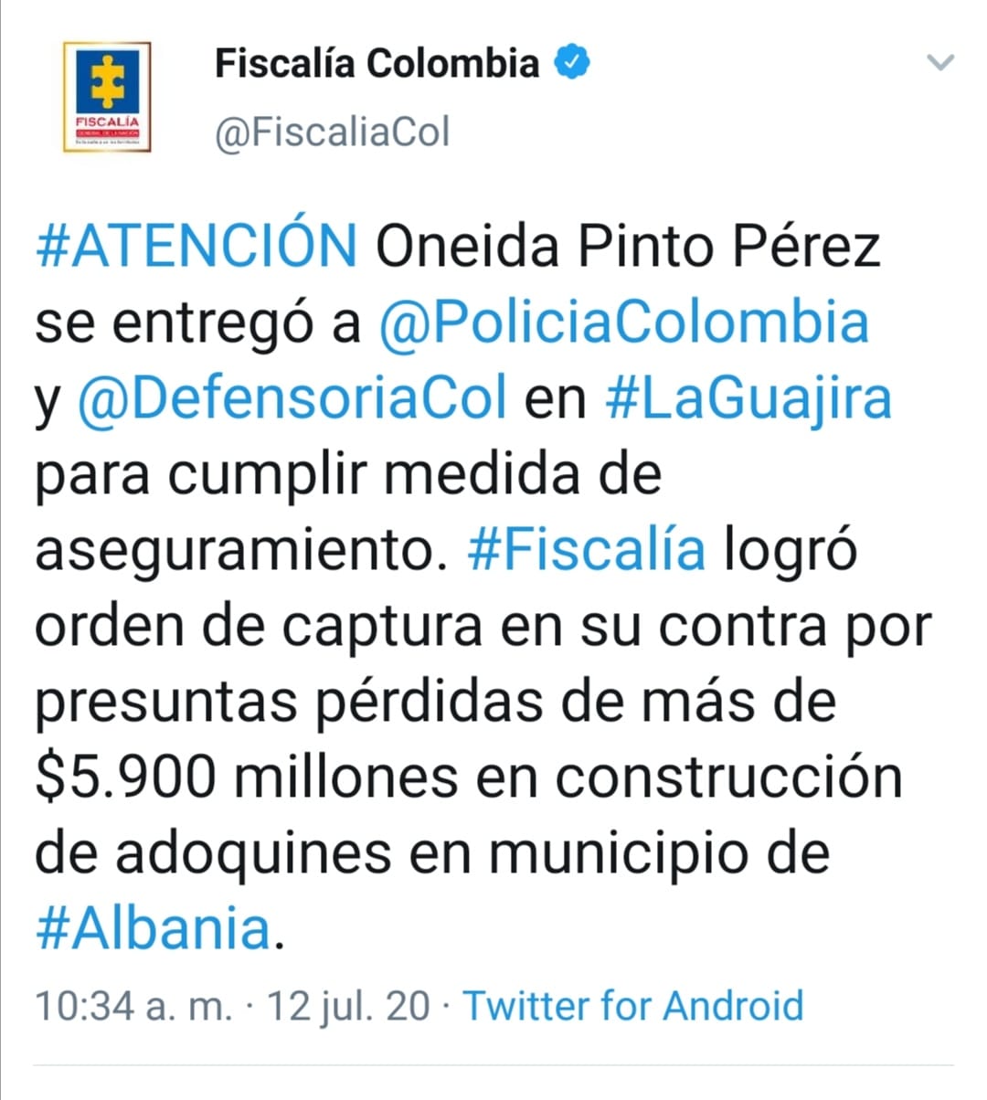 La Fiscalía confirma la entrega de ex gobernadora a través de redes sociales