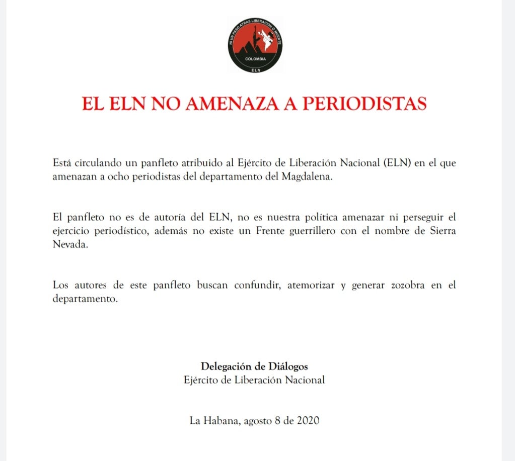 el ELN desde Cuba asegura que no amenaza a periodistas
