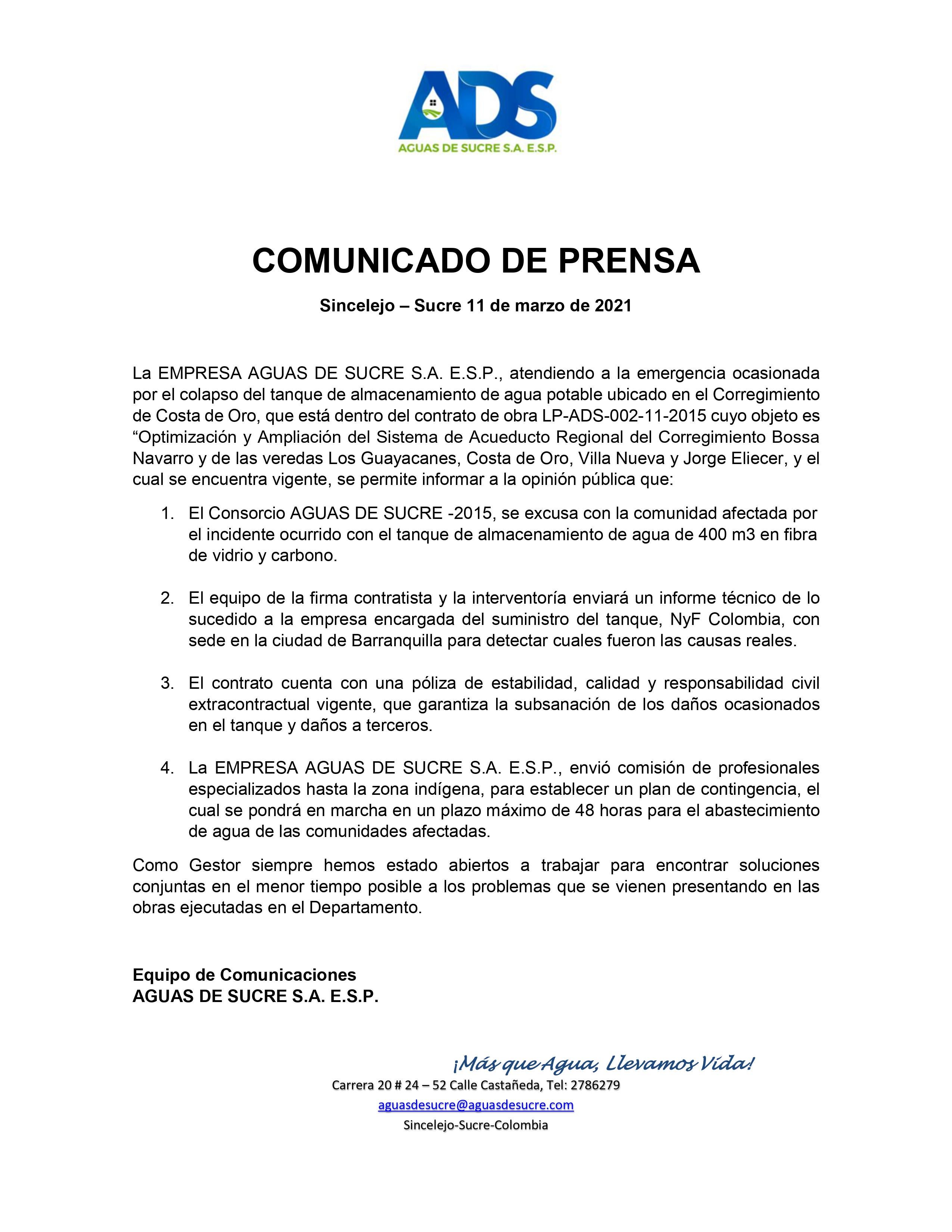 Comunicado de la empresa Aguas de Sucre